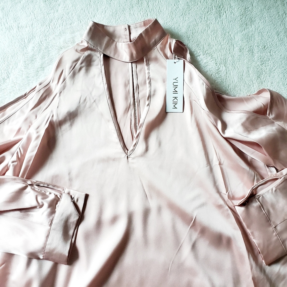 SOLD! - NWT ANTHRO | YUMI KIM satin pink cold shoulder top - Picture 3 of 5